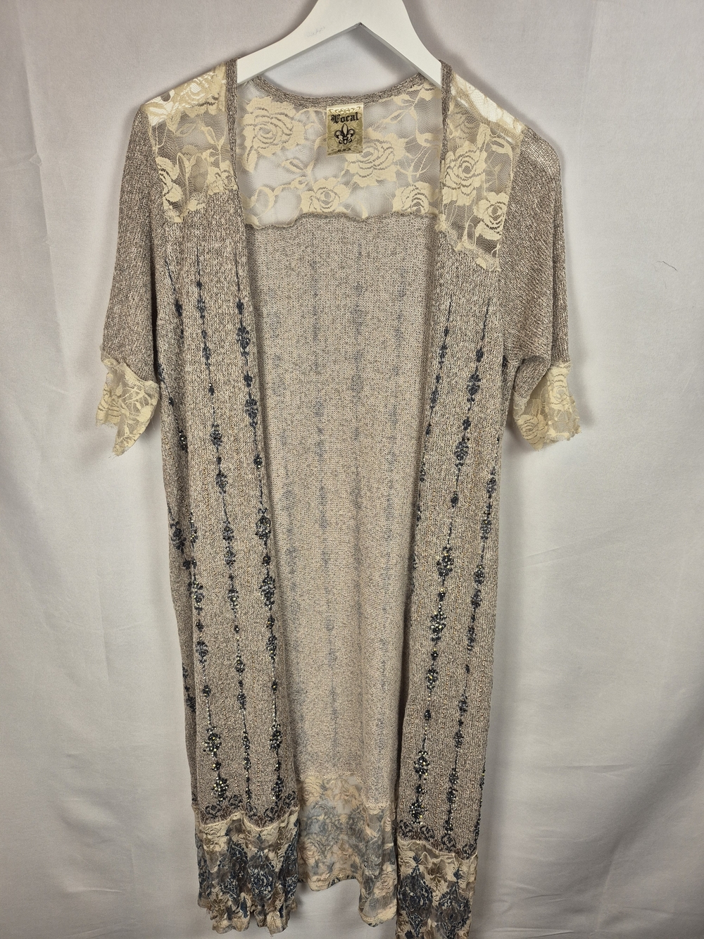 Vocal Cream Taupe Lace-Trim Open Cardigan Duster One Size